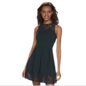 Dark Green High-Neck Lace Skater Dress - Size Small